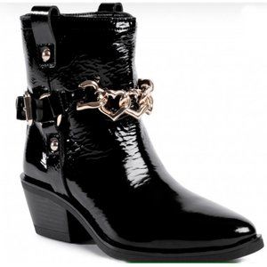 $450 LOVE MOSCHINO WESTERN POINTY HARNESS PATENT LEATHER BOOT BLACK 37 (DA18)